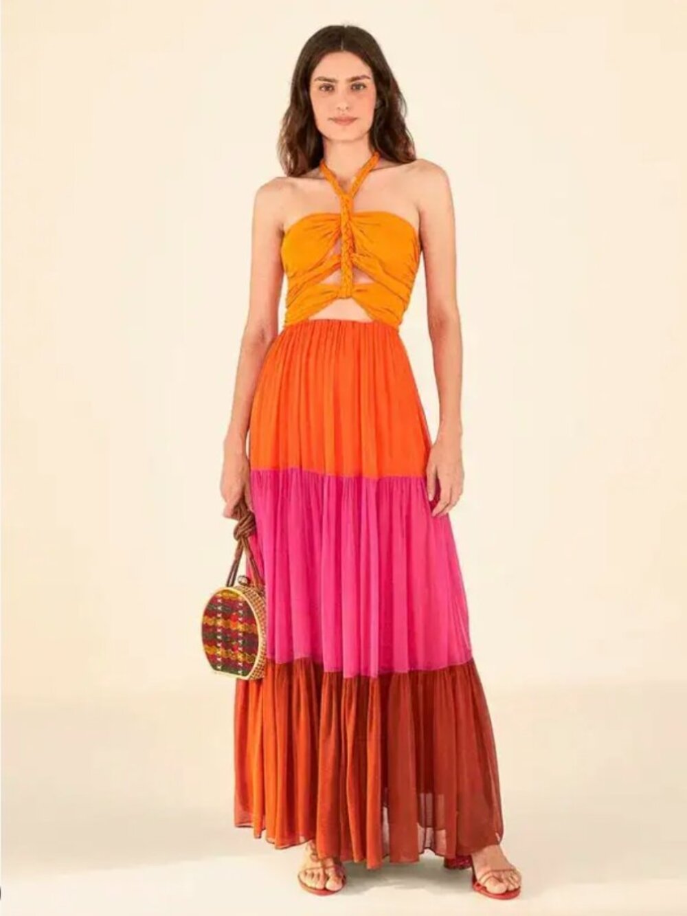 Farm Rio Color Blocking Summer Maxi Halter Dress